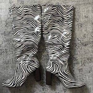 🧡3/15 Zebra Print Knee High Heeled Boots Women's 9